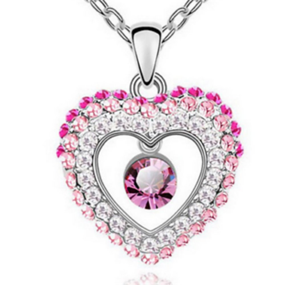 Silver Plated Heart Layered Rose Pink Diamond Crystal Necklace .66ctw Party Gift